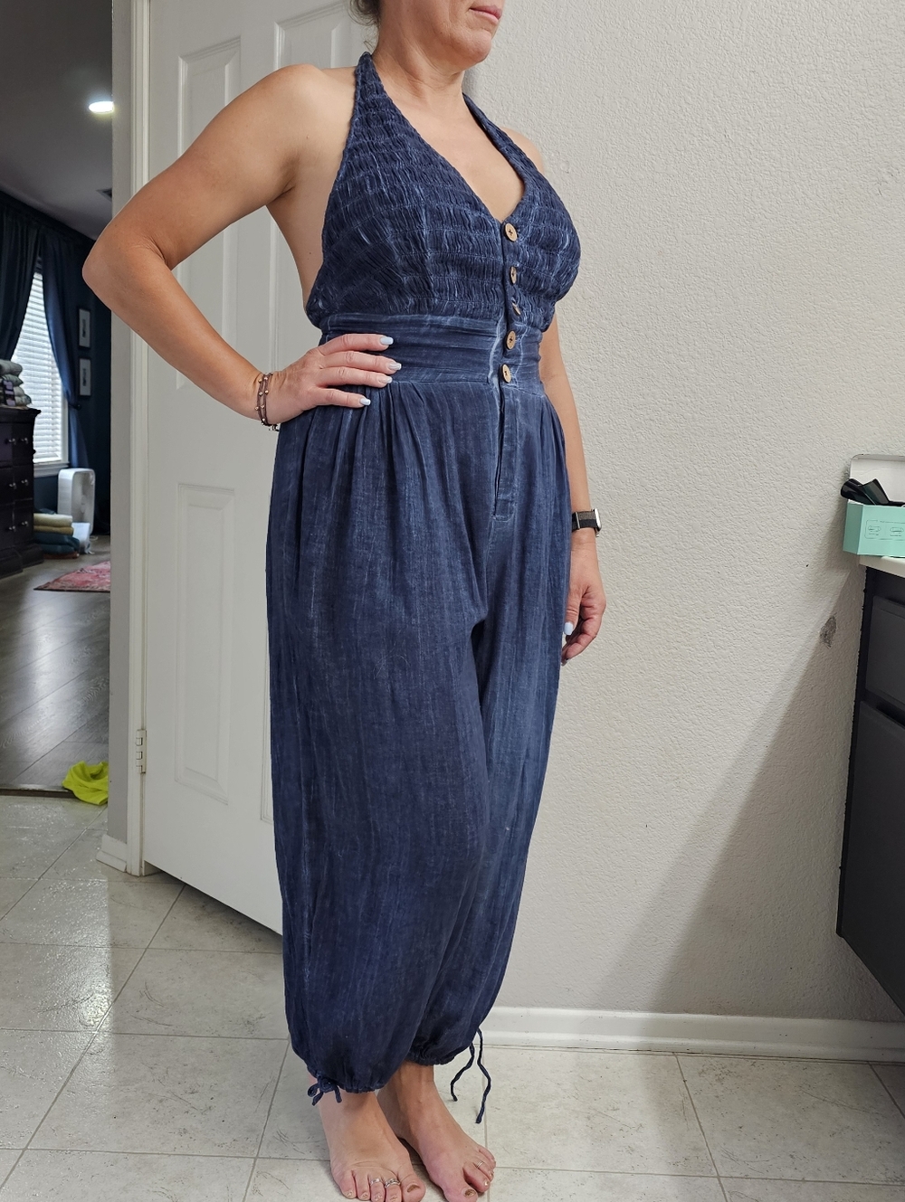 1/2 Off Medium Free People Cropped Halter Jumper Cinched Ankle Navy Button Front